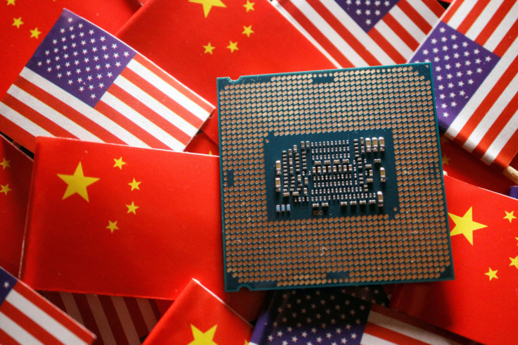 Illustration picture of Chinese and U.S. flags with semiconductor chip