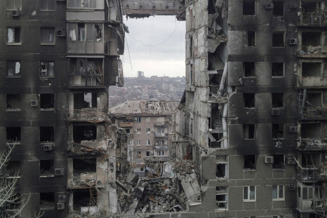 A view shows a destroyed building in Mariupol