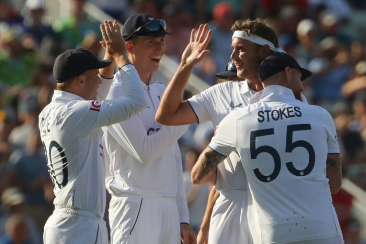 Key strike - England's Stuart Broad (2R) celebrates with teammates after dismissing Australia's Marnus Labuschagne in the first Test at Edgbaston