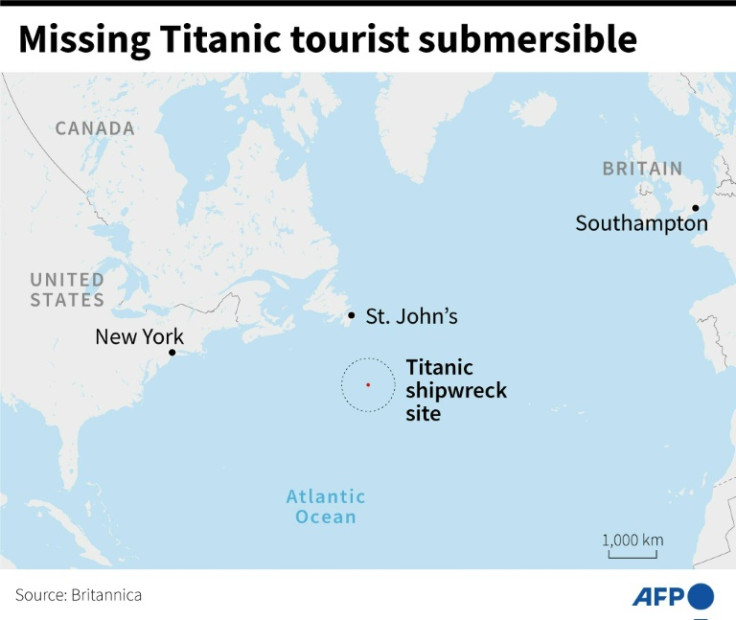 Map locating the site of Titanic's shipwreck in the Atlantic Ocean. A submersible vessel used to take tourists to see the wreckage has gone missing