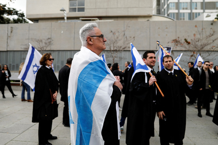Private Israeli lawyers protest Netanyahu's government court reform in what they call "a political threat to the judicial system and democracy" outside the Tel Aviv District Court