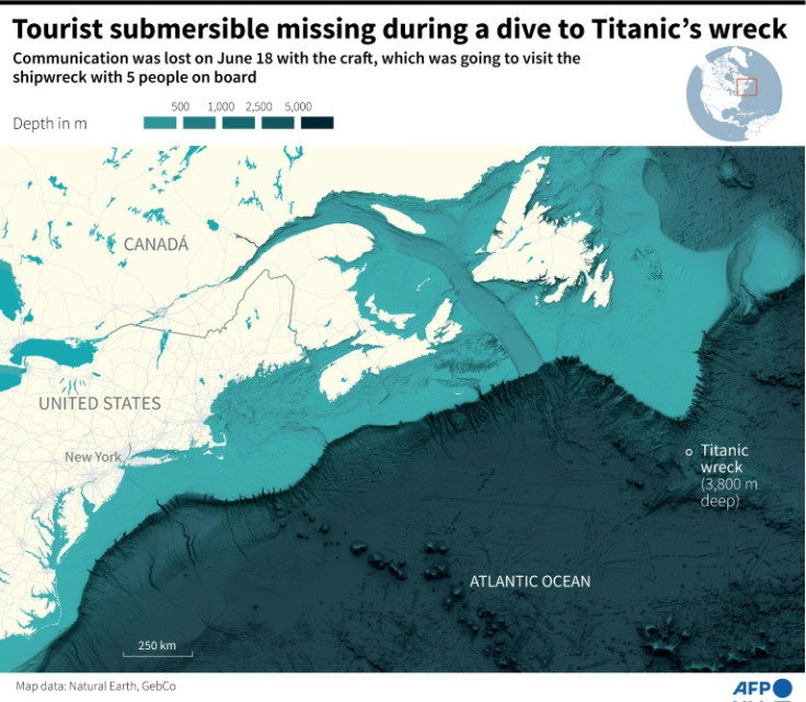 Map showing the location of the Titanic wreck, where rescuers are searching for a missing tourist submarine with five people on board
