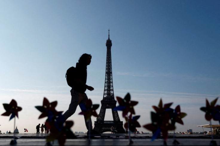 Decorative windmills installed in front of the Eiffel Tower to welcome world leaders in Paris
