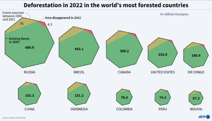 Graphic showing forest area and forest area lost from 2000 to 2021 and in 2022 in the ten countries with the most forested area, according to Global Forest Watch