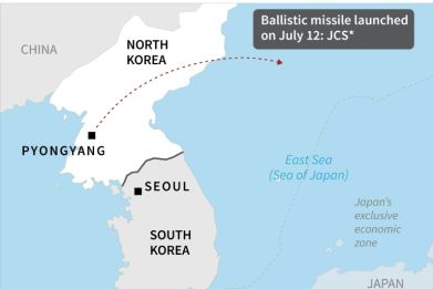 Map showing the North Korea missile launch on Wednesday, July 12, according to South Korea's Joint Chiefs of Staff.