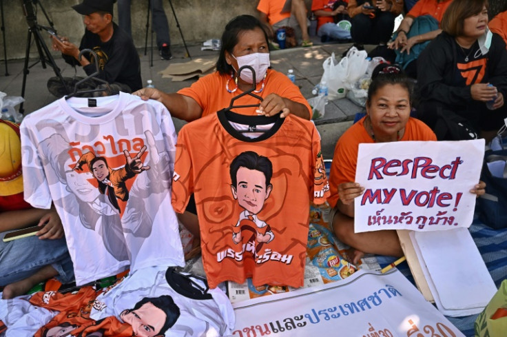 Supporters of Move Forward Party Leader and prime ministerial candidate Pita Limjaroenrat gathered outside parliament