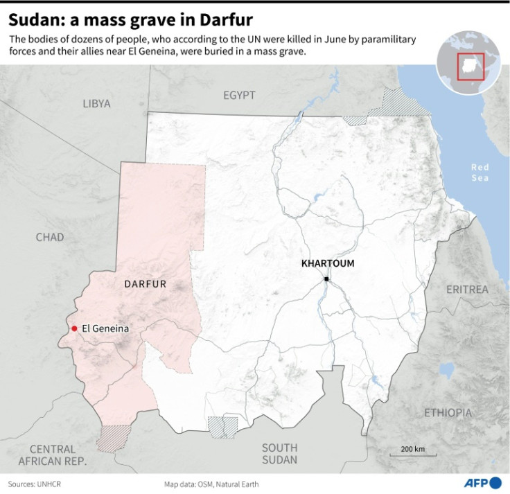 Map showing the location of El Geneina, the capital of West Darfur state, where bodies of dozens of people were buried in a mass grave