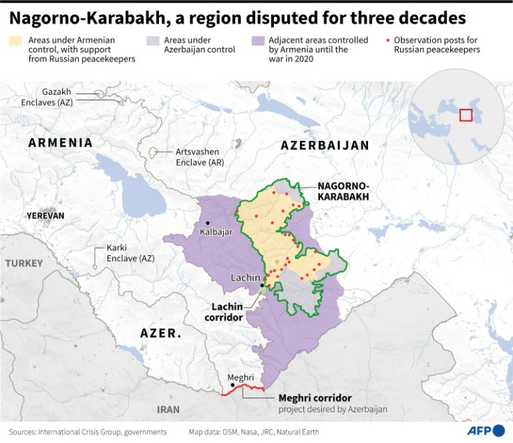 Map showing territories controlled by Armenia and Azerbaijan since the war between the two states in 2020