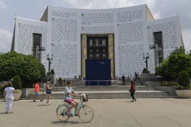 Jay-Z lyrics are displayed on the outside of the Brooklyn Library as part of a vast exhibition about his life, which coincides with the 50th anniversary of the birth of hip-hop