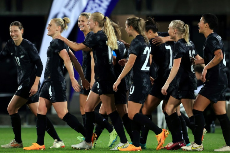 New Zealand players celebrate a goal during a football ahead of the Women's World Cup 2023 football tournament