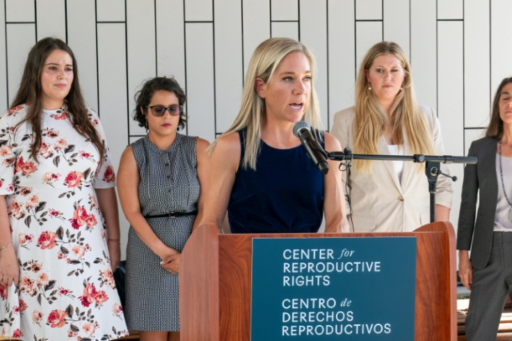 Amanda Zurawski speaks outside court in Texas -- she is one of 13 women who brought a lawsuit after they were denied abortions despite serious pregnancy complications