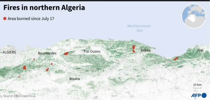 Map showing the areas burned by fires in northern Algeria since July 17