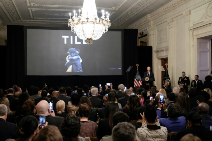 US President Joe Biden speaks before a screening of the movie "Till" in the East Room of the White House on February 16, 2023