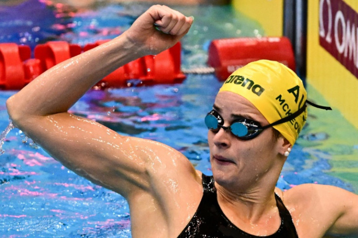 Australia's Kaylee McKeown celebrates after victory in the final of the women's 100m backstroke swimming event during the World Aquatics Championships in Fukuoka on July 25, 2023.