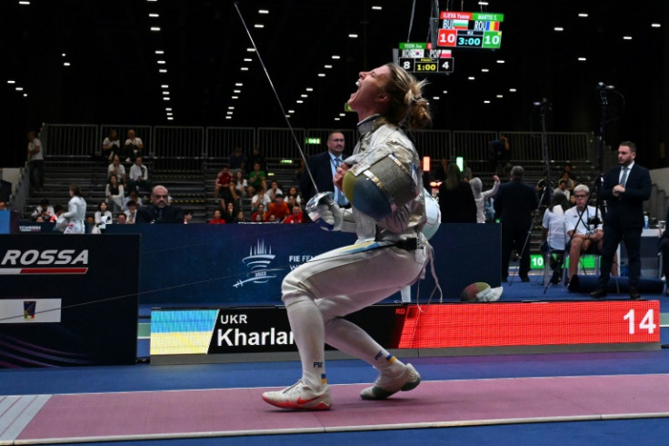 Ukraine's Olha Kharlan celebrates beating Russian Anna Smirnova competing as a neutral in the first meeting of an athlete representing Ukraine against a Russian since the 2022 invasion