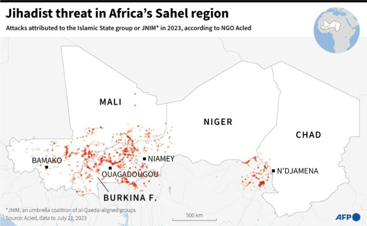 Map locating jihadist attacks attributed to the Islamic State group or other jihadist groups since 2021 to July 21, 2023 in the Sahel region.
