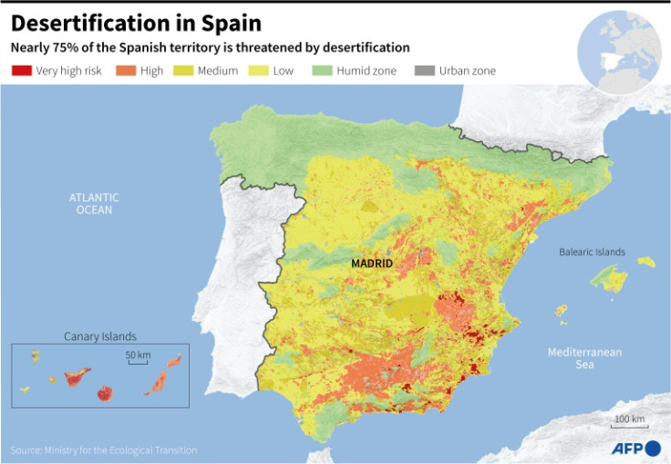 Map of Spain showing risk levels of desertification, according to the National Action Program against Desertification (PAND) of the Ministry for the Ecological Transition