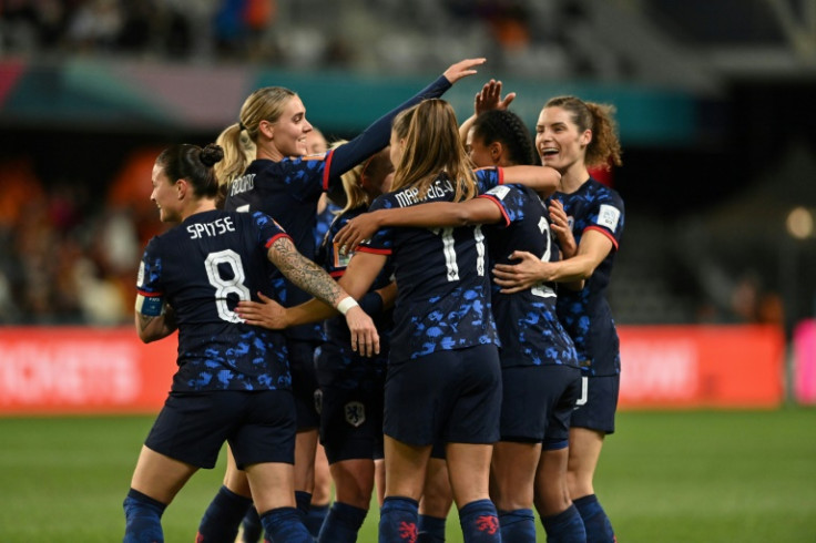 Esmee Brugts (2nd R) is congratulated by teammates after her superb goal in the Netherlands' win over Vietnam