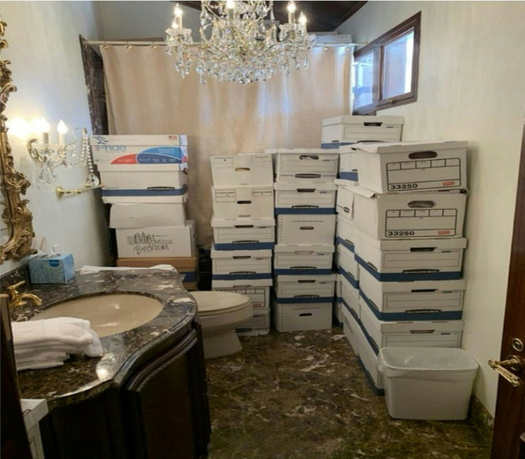A photo attached to the indictment of Donald Trump shows stacks of boxes in a bathroom at his Mar-a-Lago home in Florida