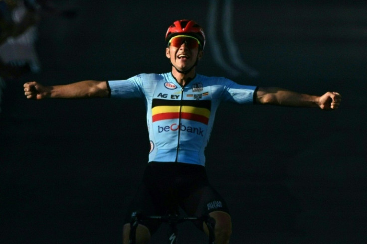 Belgium's Remco Evenepoel winning the men's road race world title in 2022