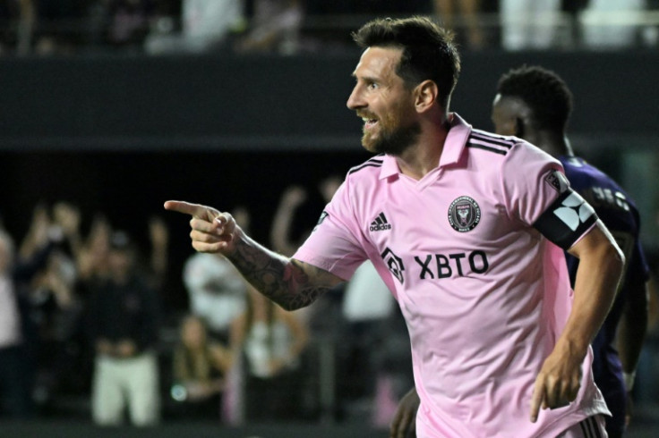 Lionel Messi celebrates scoring Inter Miami's third goal during the round of 32 Leagues Cup match against Orlando City on Wednesday