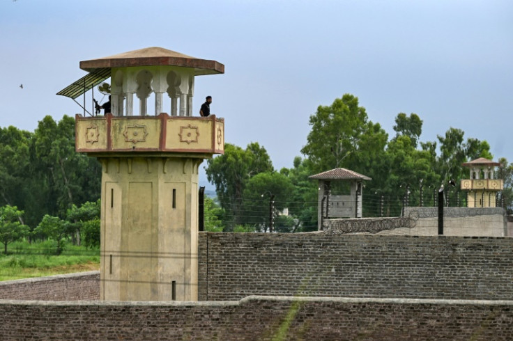 Guards stand sentinel from a watchtower at Attock Jail where former Pakistan prime minister Imran Khan is being held