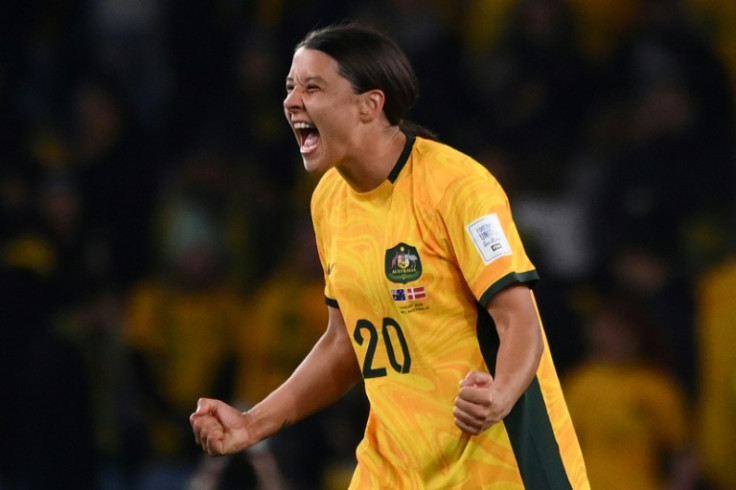 Sam Kerr celebrates the win over Denmark