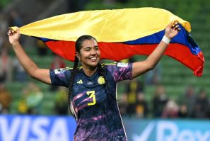 Colombia defender Daniela Arias celebrates the win over Jamaica