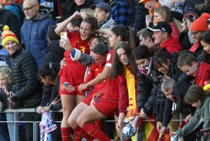 Spain's players celebrate with supporters