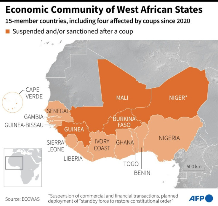Map showing the members of the Economic Community of West African States (ECOWAS), including those suspended or sanctioned following a coup