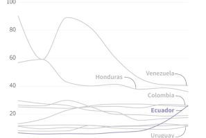 Graphic showing homicide rate per 100,000 inhabitants over time in selected Latin American countries, since 2015