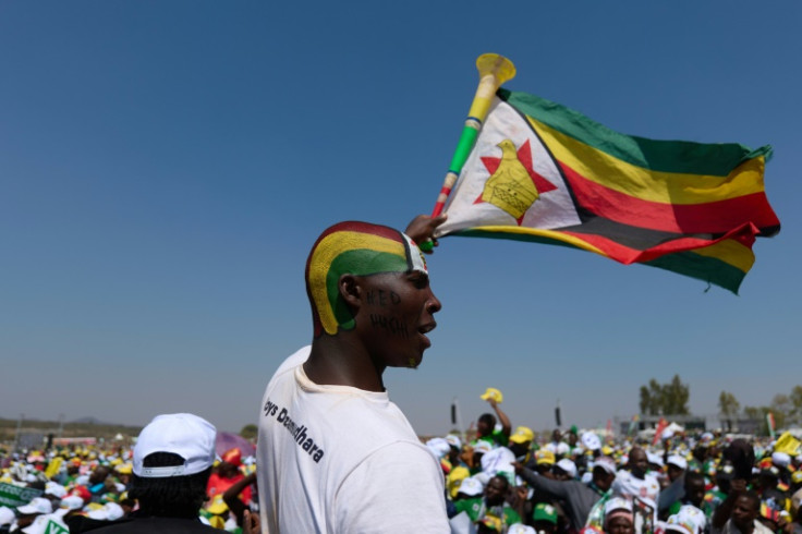 A supporter waves a Zimbabwe flag at a ruling ZANU-PF election rally in Shurugwi