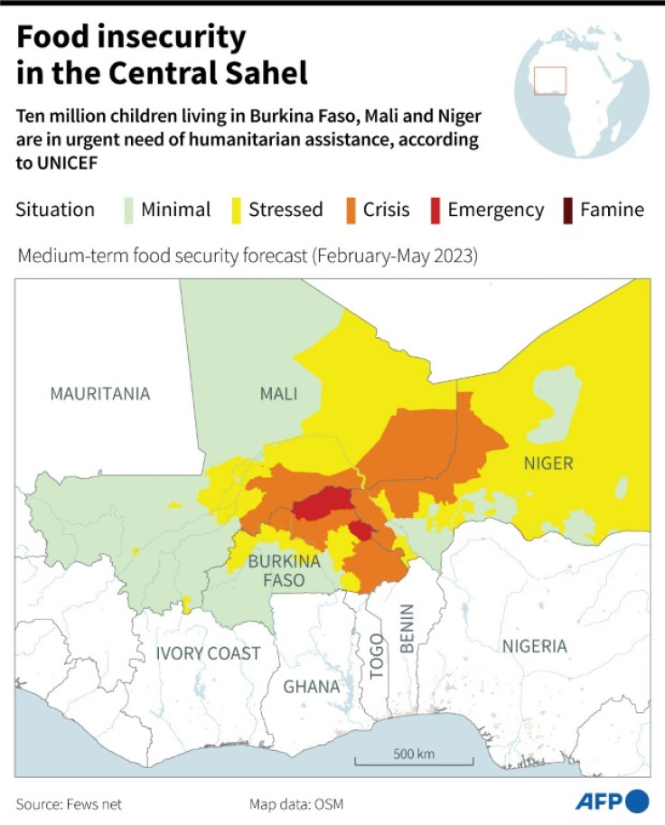 Map of the central Sahel showing medium-term food security forecast (February-May 2023) for Burkina Faso, Mali and Niger