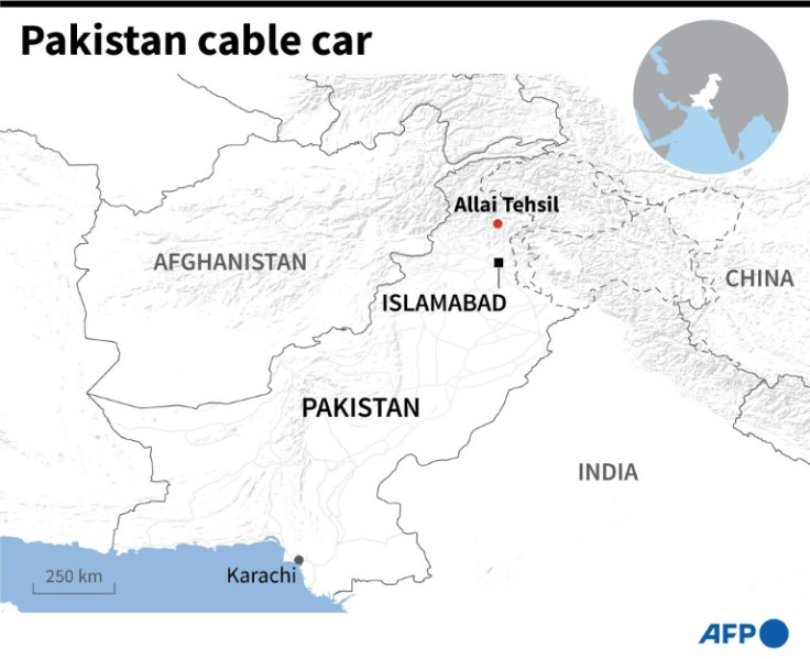 Map of Pakistan locating Allai Tehsil in Khyber Pakhtunkhwa province where several people were suspended inside a cable car dangling over a deep valley on Tuesday.
