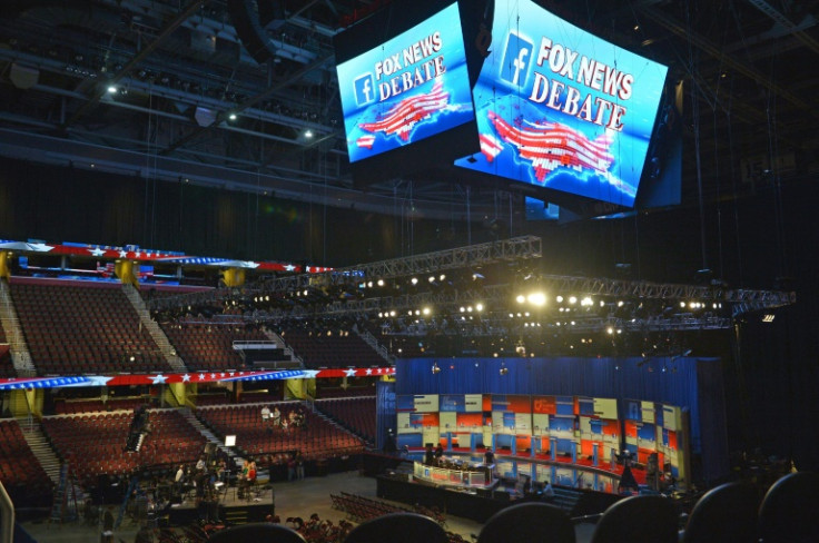 The debate hall for the Republican presidential primary debates is seen at the Quicken Loans Arena on August 6, 2015 in Cleveland, Ohio.  AFP PHOTO/MANDEL NGAN