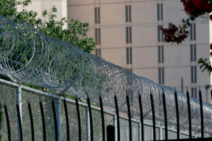 Security fencing around the Fulton County Jail in Atlanta, Georgia, where former president Donald Trump is expected to be booked on charges of seeking to overturn the 2020 election