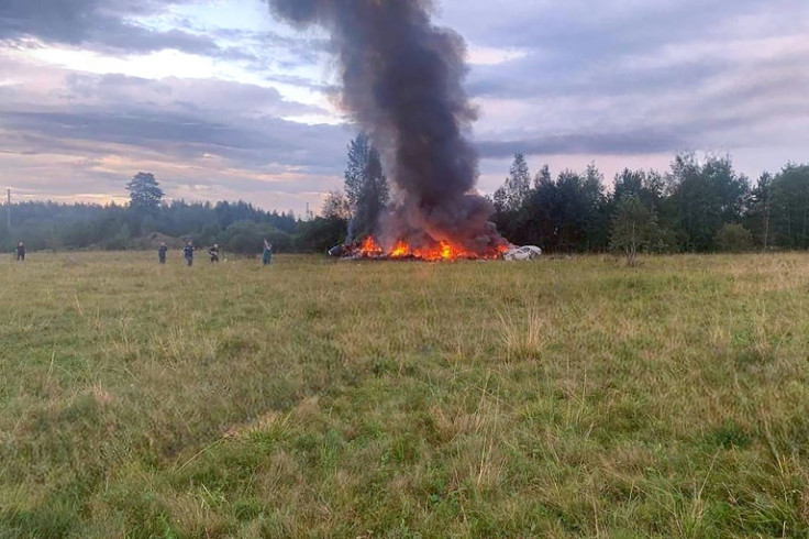 This photograph posted on a Wagner linked Telegram channel @grey_zone on August 23, 2023, shows a burning plane wreckage near the village of Kuzhenkino, Tver region