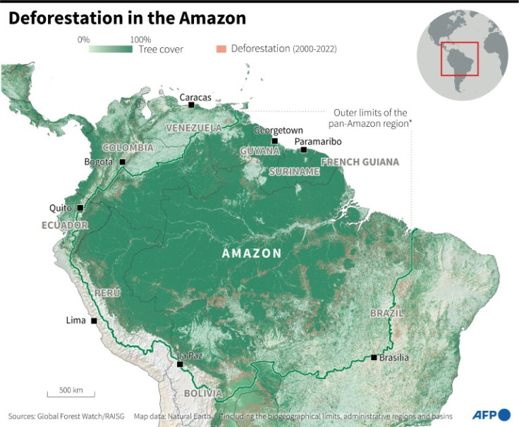 Map showing the current forest area in the Amazon and the deforestation since 2000