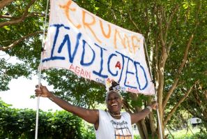 Nadine Seiler shows support for the indictment of former president Donald Trump outside of the Fulton County Jail