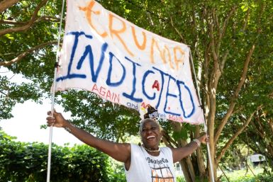 Nadine Seiler shows support for the indictment of former president Donald Trump outside of the Fulton County Jail