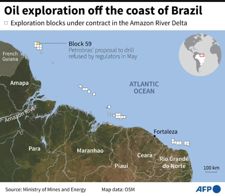Map of Brazil's northern coastline showing the location of the oil exploration blocks under contract, and Block 59, where regulators have denied Petrobras an exploration license