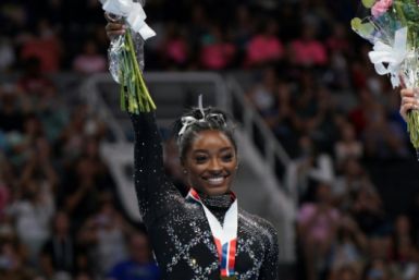 Simone Biles celebrates her record eighth all-around title at the US Gymnastics Championships in San Jose, California