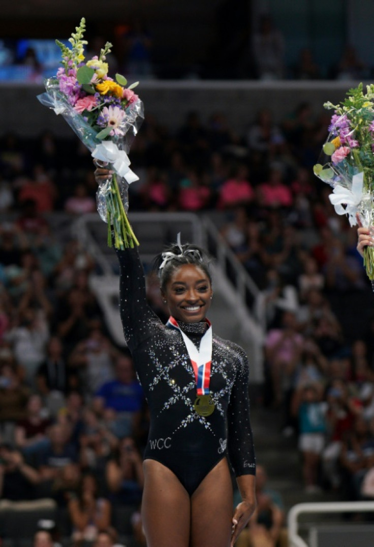 Simone Biles celebrates her record eighth all-around title at the US Gymnastics Championships in San Jose, California