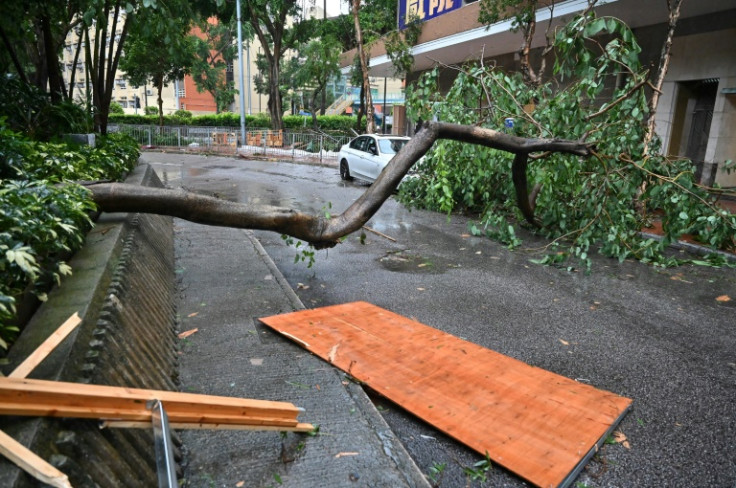 Hong Kong saw mutiple fallen trees and scaffolding strewn across roads after Typhoon Saola