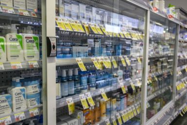 Shelf after shelf of goods are locked up to prevent theft at a Duane Reade drugstore in New York City