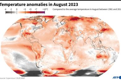 Map showing temperature anomalies recorded worldwide in August 2023