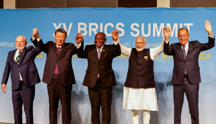 BRIS leaders including Indian Prime Minister Narendra Modi (second from right) at a summit in Johannesburg on August 23, 2023