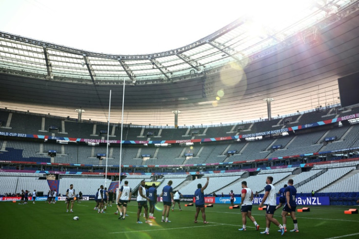 French players take part in a training session at the Stade de France in Saint-Denis, near Paris, on the eve of the opening match of the Rugby World Cup 2023