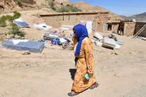 Mattresses given as aid lie on the ground in the Moroccan village of Tikht, near Adassil, after the 6.8-magnitude quake