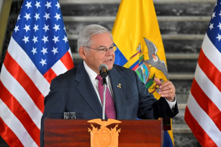 US Senator Robert Menendez speaks on a visit to Quito on April 10, 2023